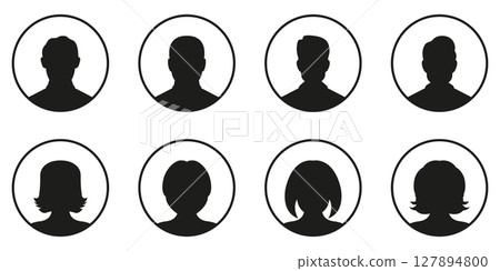 Male and Female Avatar Profile Silhouettes in Circular Frames Solid Icon Set. User Identity and Default Profile Placeholder Silhouette Symbol Collection. Isolated Vector Illustration 127894800