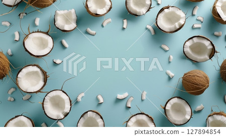Coconut fruit slices organic ingredient healthy botanical garden circular arrangement copy space in center 127894854