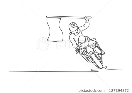 Single one line drawing young biker celebrates with the flag at the victory on moto sports racing. Rider winning grand prix racing on the track. Continuous line draw design graphic vector illustration Single one line drawing young biker celebrates with the flag at the victory on moto sports racing. Rider winning grand prix racing on the track. Continuous line draw design graphic vector illustration 127894872