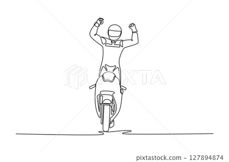 Continuous one line drawing rider standing on his motorcycle celebrating the end of the super bike championship. Happy racer win moto sports racing. Single line draw design vector graphic illustration 127894874