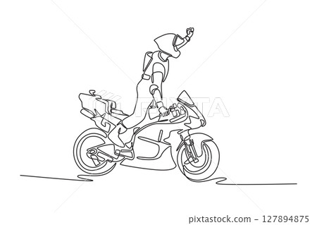Continuous one line drawing side view of rider on motorcycle celebrates victory as it circuits track. Racer win the race on super bike championship. Single line draw design vector graphic illustration Continuous one line drawing side view of rider on motorcycle celebrates victory as it circuits track. Racer win the race on super bike championship. Single line draw design vector graphic illustration 127894875