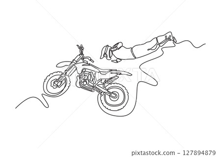 Continuous one line drawing fearless professional motocross rider skillfully executes an extreme maneuver, showcasing remarkable balance and daring. Single line draw design vector graphic illustration 127894879