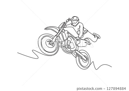 Single continuous line drawing athlete riding an extreme motorcycle at freestyle motocross competition, performing acrobatic stunts in the air. Dynamic one line draw graphic design vector illustration Single continuous line drawing athlete riding an extreme motorcycle at freestyle motocross competition, performing acrobatic stunts in the air. Dynamic one line draw graphic design vector illustration 127894884