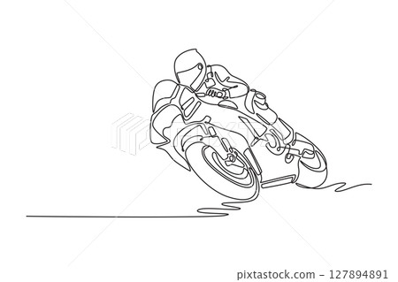 Single one line drawing rider in leather suit on sport motorcycle leaning and dragging knee. Young moto biker practicing to improve bike speed. Continuous line draw design graphic vector illustration 127894891