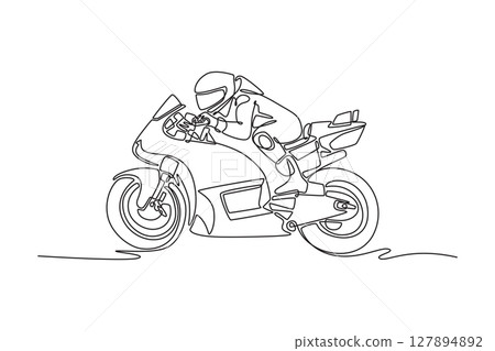 Single one line drawing side view of sporty racer motorcycle on international circuit track. Young rider riding a sport racing motorbike. Modern continuous line draw design graphic vector illustration 127894892