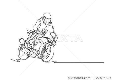 Single one line drawing motorcycle racer entering the turn on the race track at international circuit. Super motorbike race competition. Modern continuous line draw design graphic vector illustration Single one line drawing motorcycle racer entering the turn on the race track at international circuit. Super motorbike race competition. Modern continuous line draw design graphic vector illustration 127894893