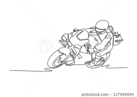 Single one line drawing attractive rider on sport motorcycle leaning and dragging knee. Moto racer practice to improve speed at circuit. Modern continuous line draw design graphic vector illustration 127894894