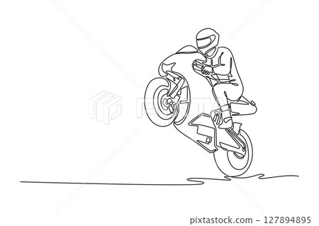 Single one line drawing happy young biker doing wheelie on his sports motorcycle. Rider celebrate winning grand prix racing on the track. Modern continuous line draw design graphic vector illustration 127894895