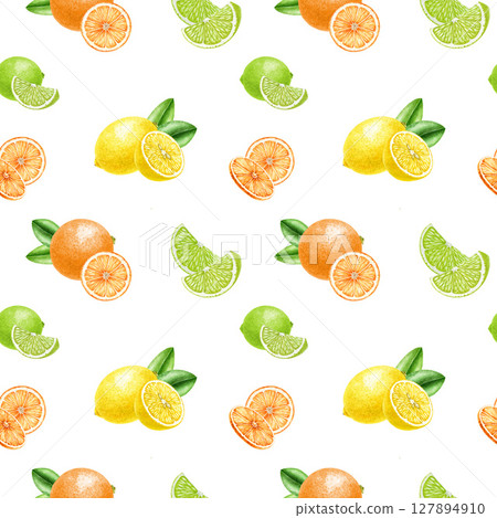 Citrus fresh fruits with leaves seamless pattern decor element. Vintage style watercolor illustration. Hand drawn lemons, limes, oranges citrus fruits with slices seamless pattern on white background. Citrus fresh fruits with leaves seamless pattern decor element. Vintage style watercolor illustration. Hand drawn lemons, limes, oranges citrus fruits with slices seamless pattern on white background. 127894910