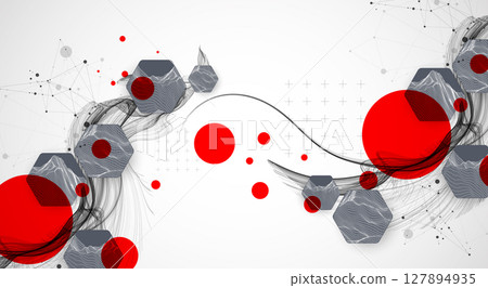 Scientific and technological background. Wave with wireframe  hexagons of different types on a gray gradient. 127894935