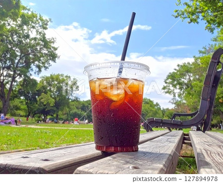Takeaway iced coffee on a park bench on a hot day AI-generated image Takeaway iced coffee on a park bench on a hot day AI-generated image 127894978