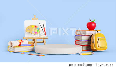 Back to school 3d scene with podium, backpack, book stack, apple, stationery supplies, easel with canvas, paint, brush and paper diploma on blue background for product presentation. 3D illustration 127895038