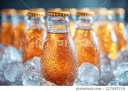 Summer colors. Retro cooler filled with glass soda bottles and ice. Retro style. Close-up. Summer colors. Retro cooler filled with glass soda bottles and ice. Retro style. Close-up. 127895119