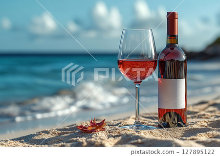 Glass reflections. Crystal Wine Glass with red wine and a bottle of wine with a blank label next to it. Mockup for wine industry branding. 127895122