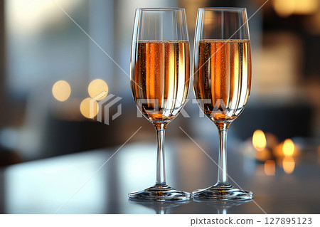 High-end dining. Two elegant Wine Glass filled with Champagne wine. 127895123