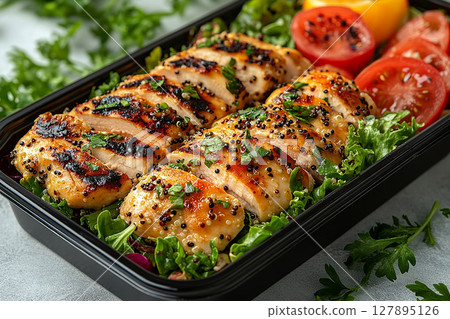 Packed office lunch box with quinoa salad, grilled chicken, mixed greens and fruit. 127895126