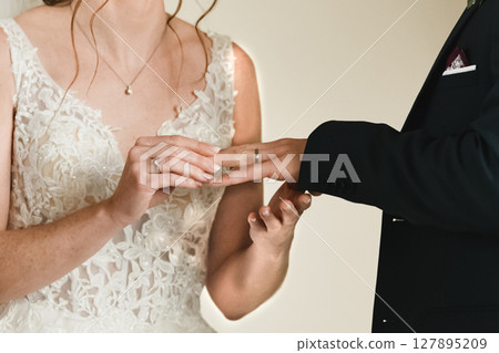 The bride puts a ring on the groom's finger The bride puts a ring on the groom's finger 127895209