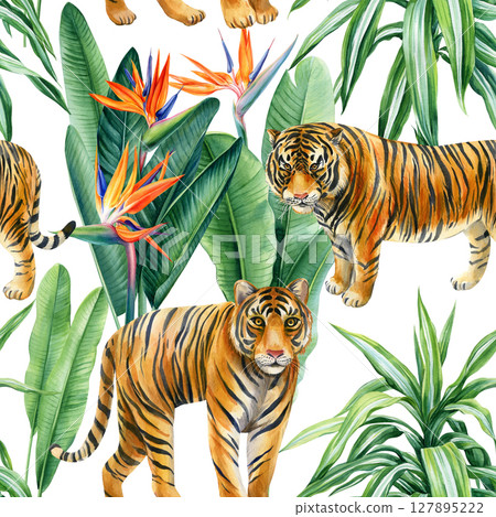 Seamless watercolor jungle pattern with bengal tigers bird of paradise flowers and tropical banana leaves 127895222
