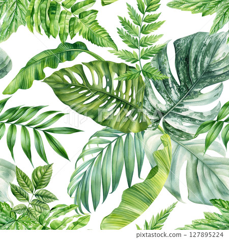 Tropical green leaves seamless pattern with watercolor monstera palm banana and fern foliage. Trendy textile print, exotic plants 127895224
