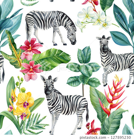 Wild Animals, Watercolor tropical seamless pattern with zebras exotic orchids banana leaves and jungle plants on white background 127895230