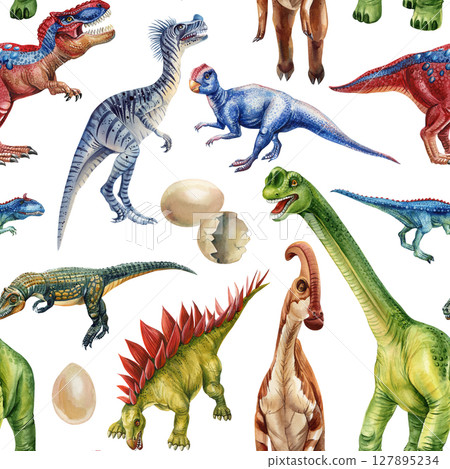 Colorful Dino. Watercolor seamless pattern with baby dinosaurs eggs prehistoric creatures Vintage background. Trendy textile print 127895234