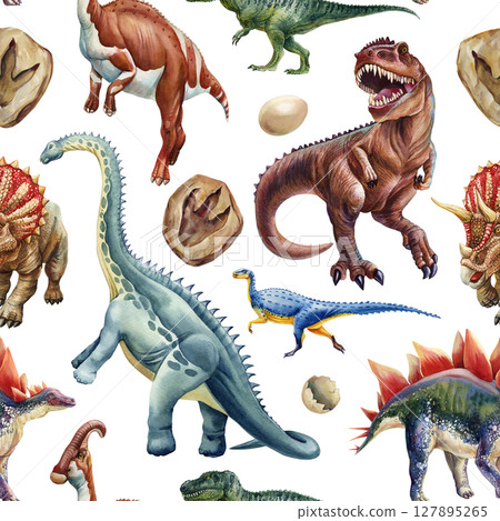 Watercolor seamless dinosaur pattern with tyrannosaurus brachiosaurus stegosaurs and fossil prints Vintage background 127895265