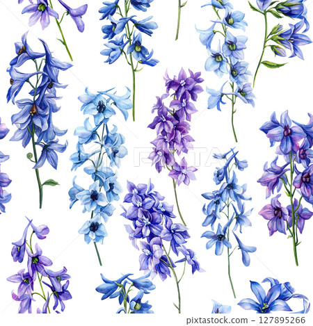 Delphinium watercolor seamless pattern with blue and violet Larkspur flowers. Botanical background with plant elements for design Delphinium watercolor seamless pattern with blue and violet Larkspur flowers. Botanical background with plant elements for design 127895266