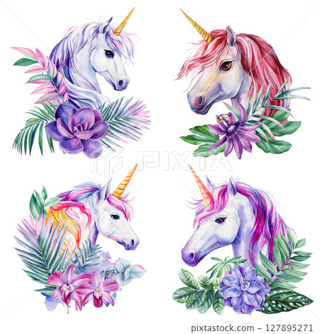 Set cute animals. Fantasy unicorn with rainbow mane flowers palm leaves pastel tropical greenery watercolor clipart for kids decor 127895271