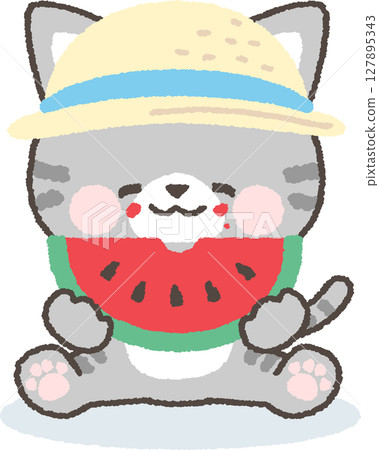 一隻虎斑貓正津津有味地吃著西瓜 一隻虎斑貓正津津有味地吃著西瓜 127895343