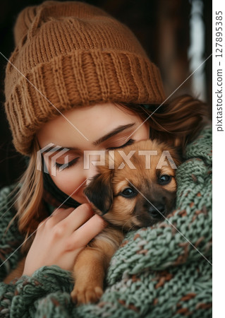 Warm and cozy home: a woman hugging a puppy with love and care 127895385