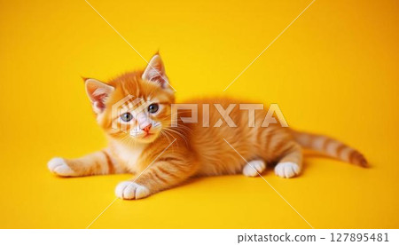 Brown tabby kitten lying down and looking at me 127895481