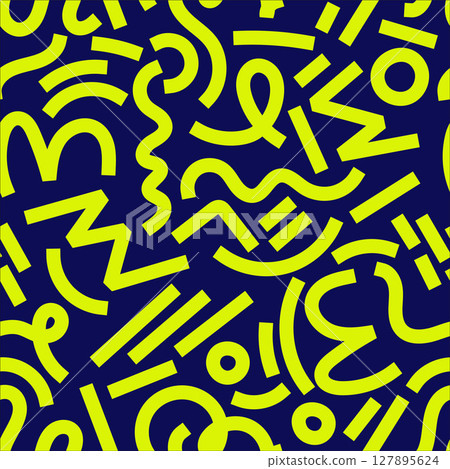 Abstract 80s or 90s hand drawn seamless pattern. memphis style hand drawn illustration. Bright trendy color palette. Circles, squares, lines, spiral. Navy, green lime. Abstract 80s or 90s hand drawn seamless pattern. memphis style hand drawn illustration. Bright trendy color palette. Circles, squares, lines, spiral. Navy, green lime. 127895624