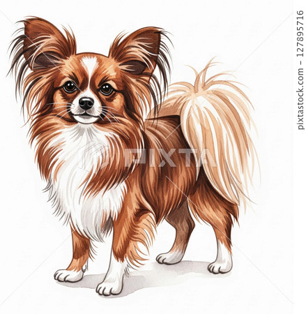 Watercolor illustration of a Papillon (dog) with long brown feathers swaying gracefully 127895716