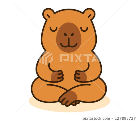 Adorable vector illustration of a calm capybara sitting in a meditation pose with closed eyes. Perfect for mindfulness, wellness, mental health, and relaxation concepts. Adorable vector illustration of a calm capybara sitting in a meditation pose with closed eyes. Perfect for mindfulness, wellness, mental health, and relaxation concepts. 127895727