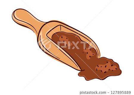 Flat illustration of a wooden scoop filled with cinnamon powder on white background. Perfect for spice, food, cooking, baking and natural ingredient concept. Flat illustration of a wooden scoop filled with cinnamon powder on white background. Perfect for spice, food, cooking, baking and natural ingredient concept. 127895889