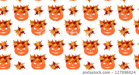 Cartoon Halloween Pumpkins in Wreath and Autumn leaves bouquets Seamless Pattern Halloween Backdrop Cartoon Halloween Pumpkins in Wreath and Autumn leaves bouquets Seamless Pattern Halloween Backdrop 127896024