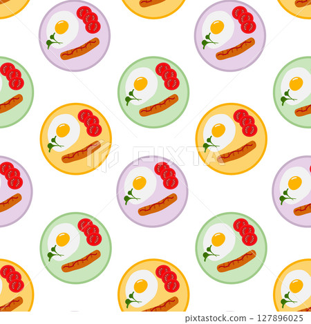 Fried Egg with Grilled sausages and Tomato slices on colorful plates Seamless Pattern Domestic food Fried Egg with Grilled sausages and Tomato slices on colorful plates Seamless Pattern Domestic food 127896025