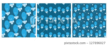Hand Drawn Blue Balloons Round and Deflated Seamless Patterns on Dark Blue Backdrop Holiday Fond Set Hand Drawn Blue Balloons Round and Deflated Seamless Patterns on Dark Blue Backdrop Holiday Fond Set 127896027