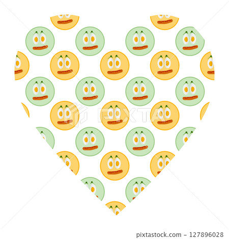 Hand Drawn Boiled Egg slices and grill sausage like smileys Seamless pattern on Heart shape Backdrop 127896028
