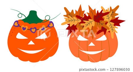 Cartoon Halloween Pumpkins decorated hearts and Autumn leaves Wreaths Cute Halloween Characters Set 127896030