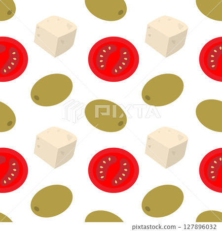 Tomatoes slices Cheese Cubes and olives Seamless Pattern Food Poster Healthy Eating Background idea Tomatoes slices Cheese Cubes and olives Seamless Pattern Food Poster Healthy Eating Background idea 127896032