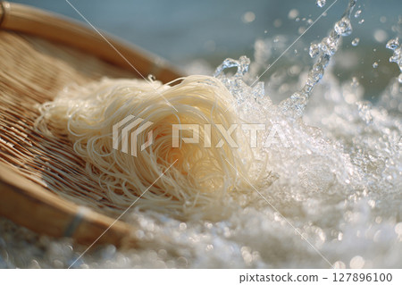Cool summer somen noodles washed in running water Cool summer somen noodles washed in running water 127896100