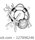 Black and white marine illustration with lifebuoy ring adorned with a starfish, seashell, coral, seaweed branches, and bubbles. The detailed hand drawn vector composition. Sketch in line art style. 127896246