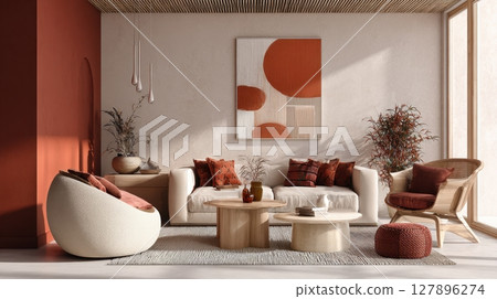 A stylish modern living room features earthy red and neutral tones, with cozy furniture, abstract wall art 127896274