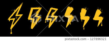 Spray orange graffiti element set of ENERGY Lightning bolt with grungy texture. Grunge ink graphic symbols of flash, danger, energy and thunder isolated on black background for printing on t shirt 127896321
