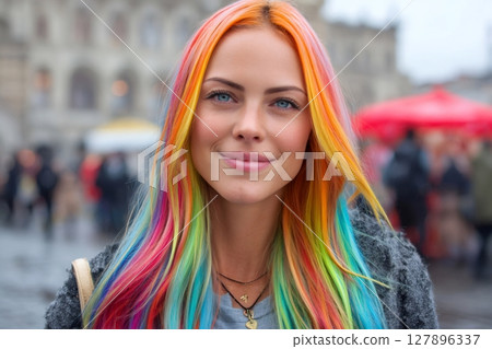 Young urban woman showing trendy rainbow colored hair in the city 127896337