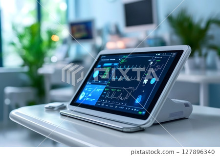 Medical tablet showing patient vitals in modern hospital room 127896340