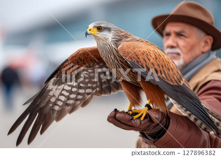 Falconer showing red kite bird of prey 127896382