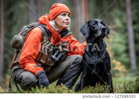 Hunter crouching with her dog in forest during hunting season 127896383