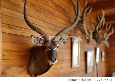 Nyala trophy hanging on wooden wall with other hunting trophies 127896395